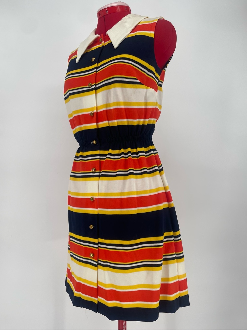 60s 70s Striped Vibrant / Primary Colors Sleeveless Collared Shirt Dress - Picture 6 of 16